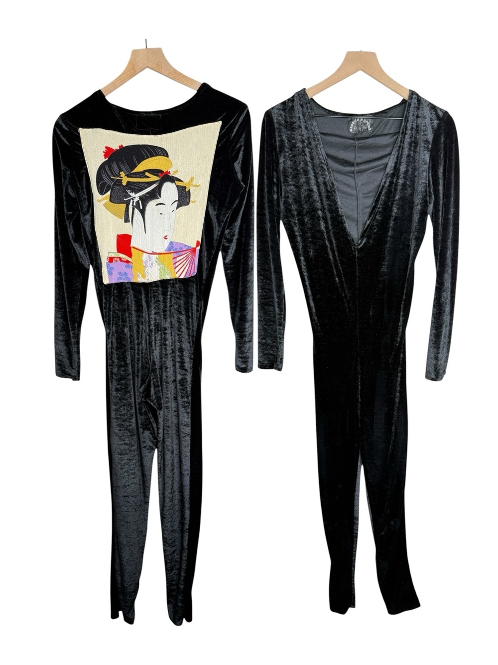 Y2K Black Velour Jumpsuit Geisha Patch Goth Festival Harry Styles XS S